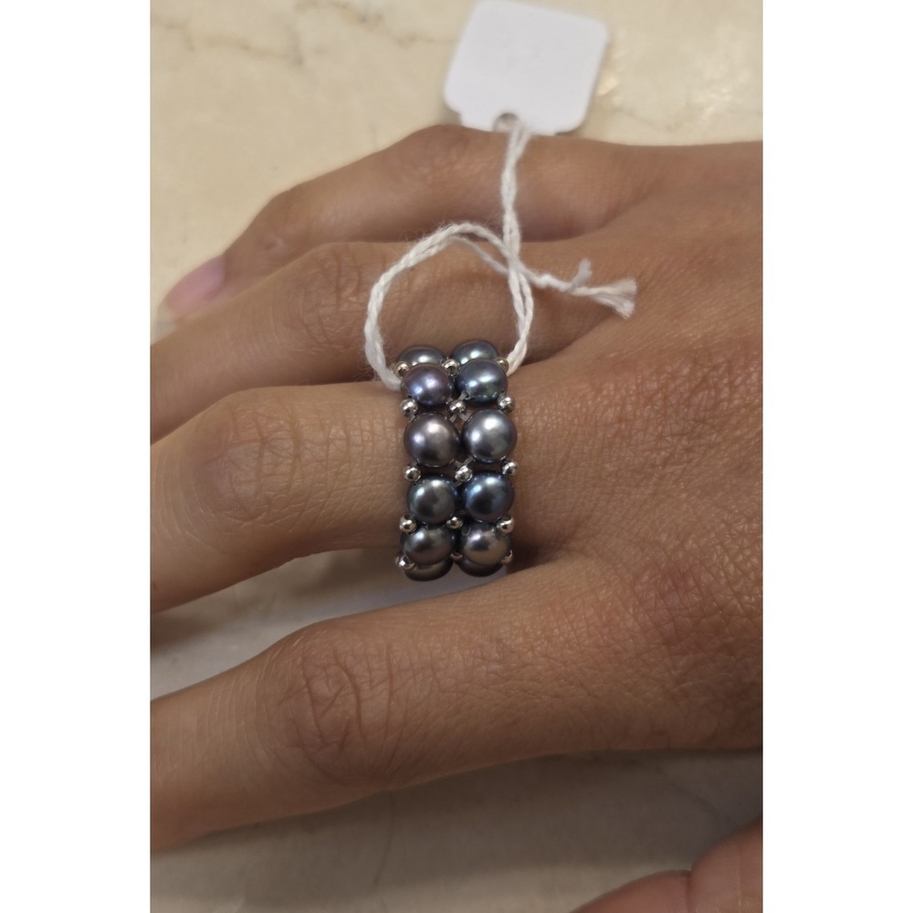 Lee Sands Blsck Pearl Stretch Ring Sterling Silver Beads Size 8